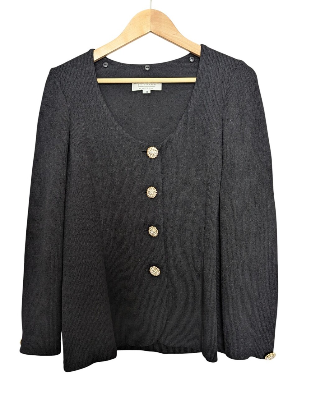 ST. JOHN Evening Black Knit Blazer Sweater with Crystal Rhinestone Buttons